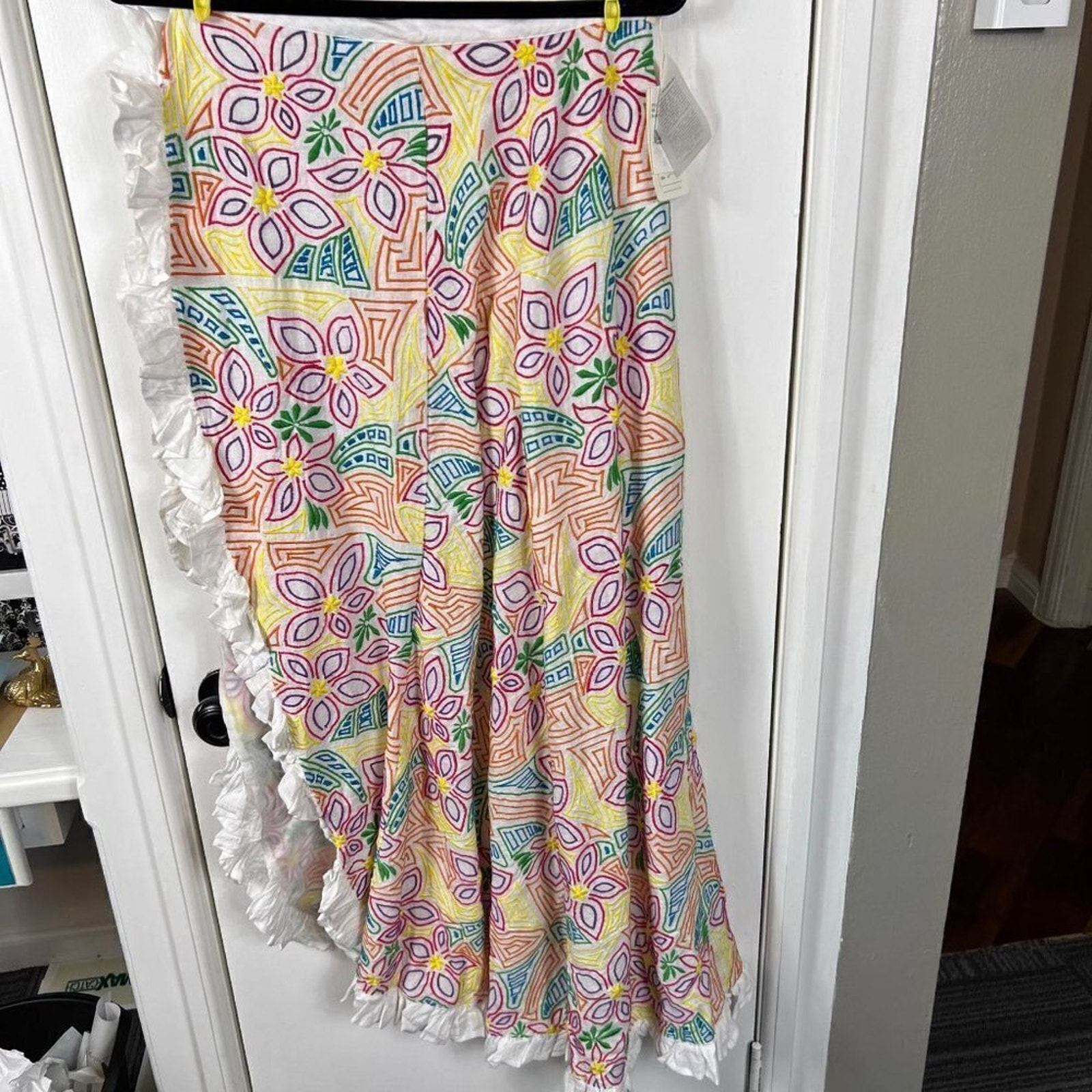 All Things Mochi Embroidered Floral Linen Wrap Maxi Skirt White Multi S Nwt — image 4 of 8